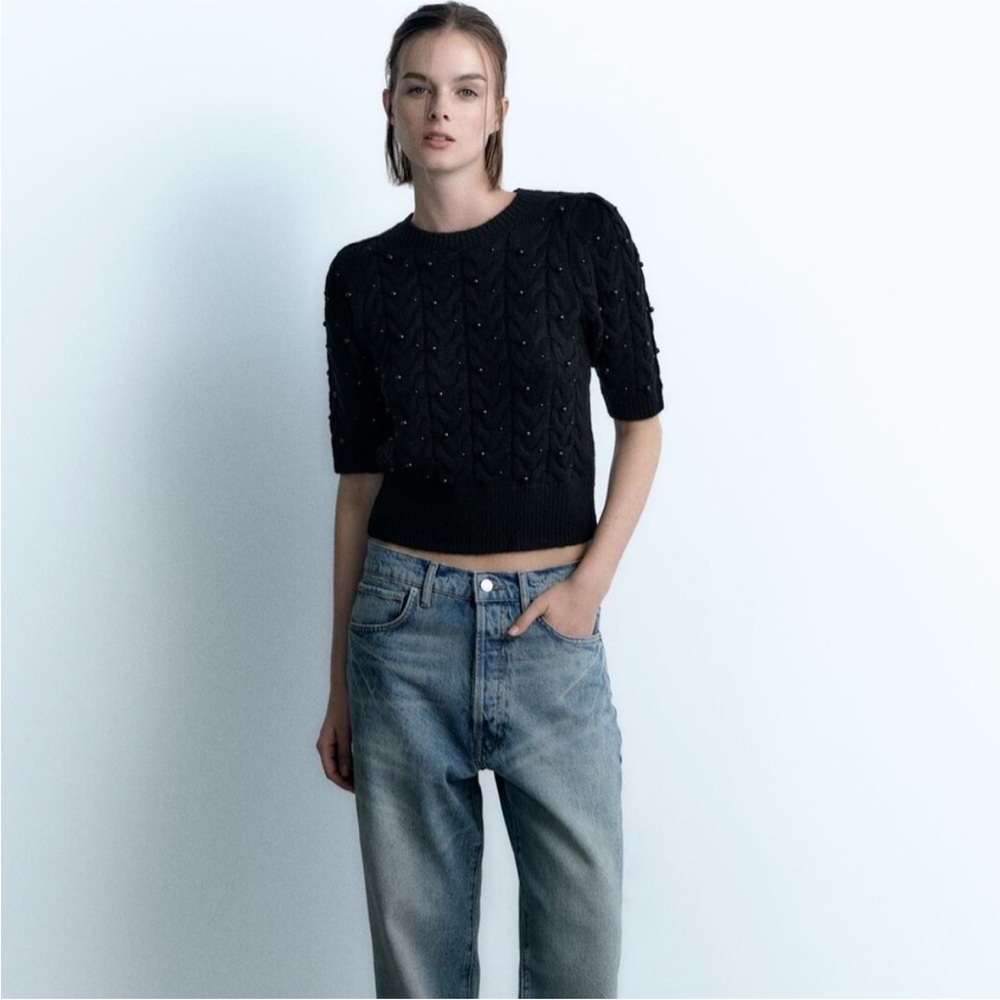 Zara Beaded Knit Short Sleeve Sweater